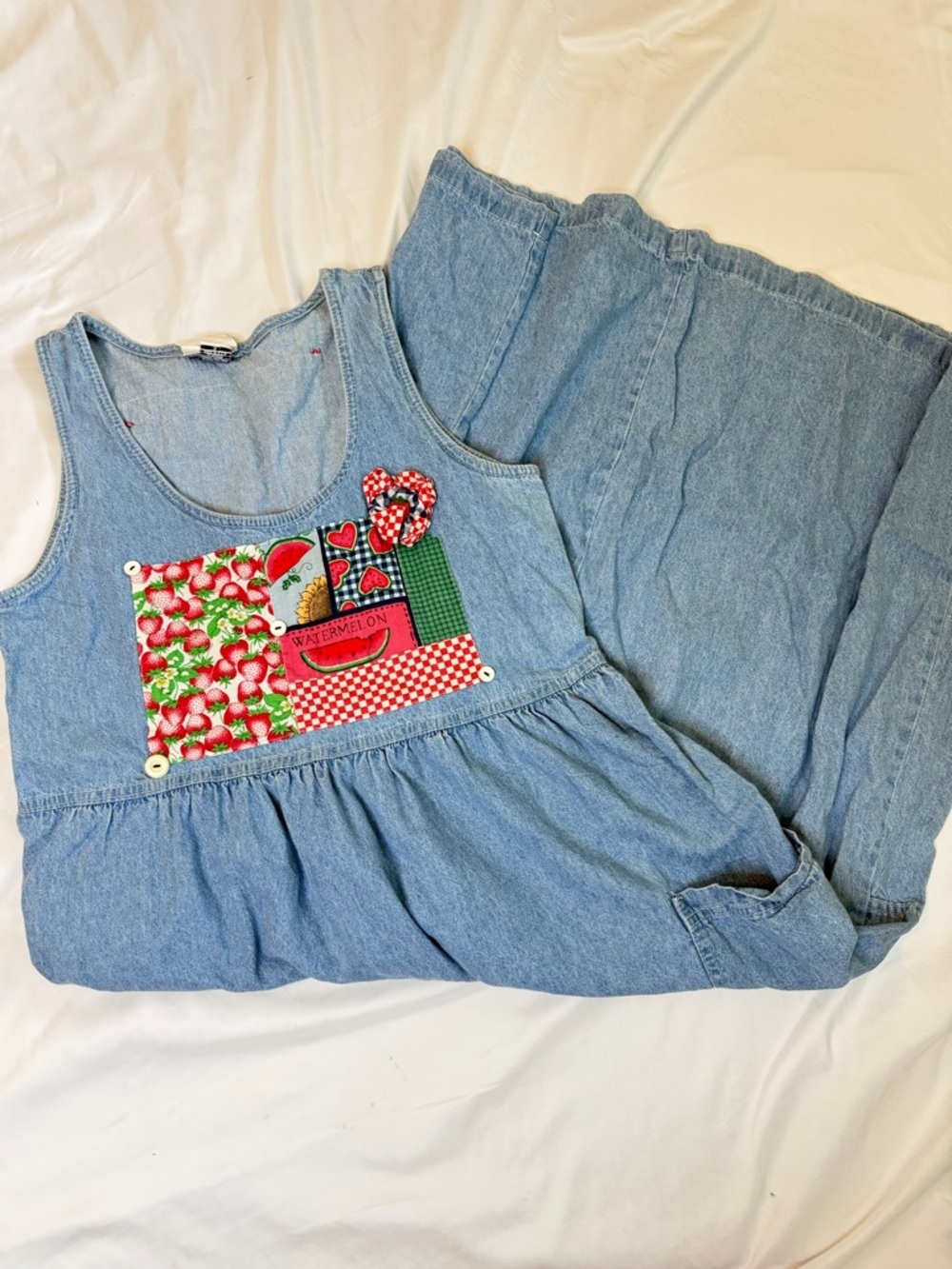 Custom Made in Hawaii Denim Patchwork with Watermelon & Strawberry maxi dress